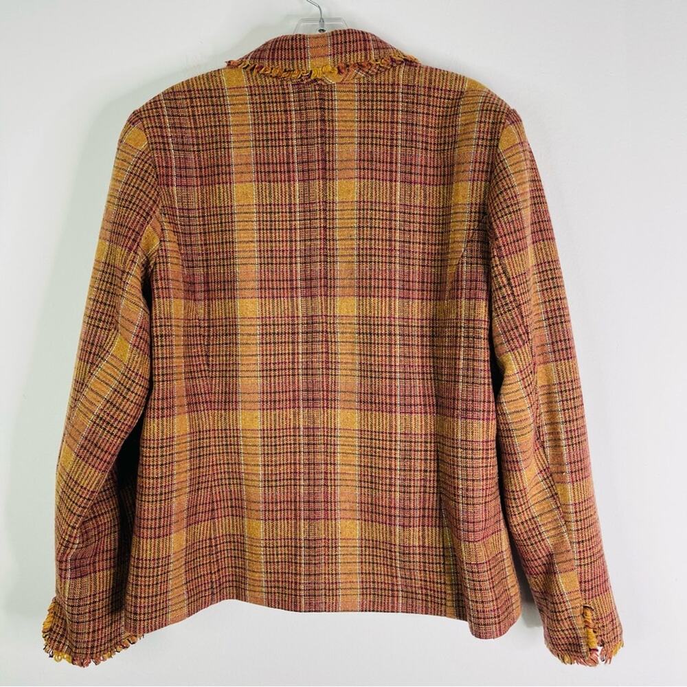 Vintage tan burgundy plaid wool preppy fringe office academia button blazer 14 - Picture 5 of 6